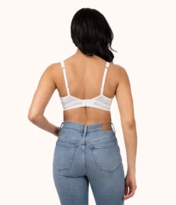 The Crochet Lace Plunge Bralette: Fresh White -Outlet No Wire Bras Store 3 on model back crochet lace plunge bralette fresh white