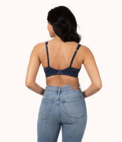 The Crochet Lace Plunge Bralette: Navy -Outlet No Wire Bras Store 3 on model back crochet lace plunge bralette navy