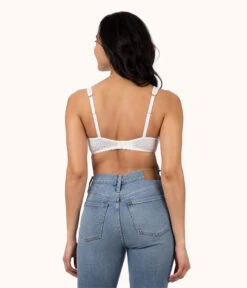 The Crochet Lace Unlined Plunge Bra: Fresh White -Outlet No Wire Bras Store 3 on model back crochet lace unlined plunge bra fresh white