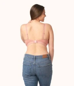 The Floral Lace Busty Bralette: Shell Pink -Outlet No Wire Bras Store 3 on model back floral lace busty bralette shell pink 6ee679d6 383a 4e5f bd59 760c01b52fe7