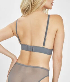 The Long-Lined Lace Bralette: Smoke -Outlet No Wire Bras Store 3 on model back long lined lace bralette smoke