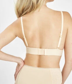 The Long-Lined Lace Bralette: Toasted Almond -Outlet No Wire Bras Store 3 on model back long lined lace bralette toasted almond