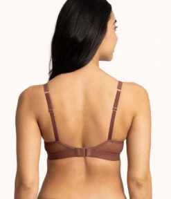 The Mesh Trim Padded Bralette: Umber 7 The Mesh Trim Padded Bralette: Umber -Outlet No Wire Bras Store 3 on model back mesh trim padded bralette umber