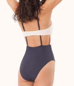 The Swim One Piece: White/Pink/Soft Navy -Outlet No Wire Bras Store 3 on model back one piece SP white navy