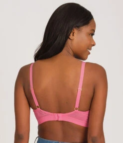 The Palm Lace Busty Bralette: Pink Hibiscus -Outlet No Wire Bras Store 3 on model back palm lace busty bralette pink hibiscus