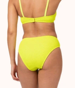 The Swim Ruched High Waist Bikini Bottom: Electric Lime -Outlet No Wire Bras Store 3 on model back ruched high waist bikini electric lime