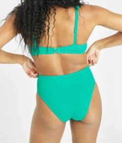 The Swim Ruched High Waist Bikini Bottom: Aquamarine -Outlet No Wire Bras Store 3 on model back swim ruched high waist bikini bottom aquamarine