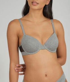The All-Day T-Shirt Bra Bundle: Toasted Almond/Heather Gray -Outlet No Wire Bras Store 3 on model front all day tshirt bra heather gray