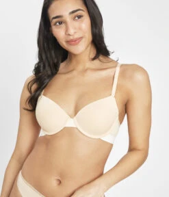 The T-Shirt Bra Bundle: Jet Black/Toasted Almond -Outlet No Wire Bras Store 3 on model front tshirt bra toasted almond