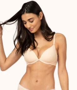 The Deep V No-Wire Push-Up Bundle: Toasted Almond/Jet Black -Outlet No Wire Bras Store 3 on model front1 the deep v no wire push up bra bundle multi