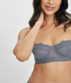 The Lace Strapless: Smoke -Outlet No Wire Bras Store 3 on model front2 lace strapless smoke