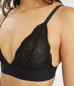 The Long-Lined Lace Bralette: Jet Black -Outlet No Wire Bras Store 3 on model front3 long lined lace bralette jet black