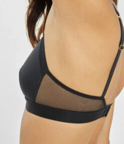 The Mesh Trim Padded Bralette: Jet Black -Outlet No Wire Bras Store 3 on model side mesh trim padded bralette jet black
