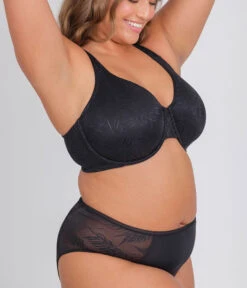 The Smooth Lace Minimizer Bra: Jet Black -Outlet No Wire Bras Store 3 on model side smooth lace minimizer jet black