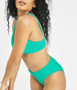 The Ruched Plunge Bralette & High Waist Swim Bundle: Aquamarine -Outlet No Wire Bras Store 3 on model side swim ruched plunge bralette aquamarine