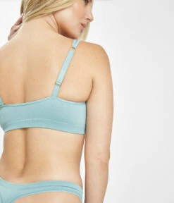 The Skinny-Strap Seamless Bralette: Sky Blue -Outlet No Wire Bras Store 4 on model back skinny strap seamless bralette sky blue