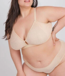 The Palm Lace Busty Bralette: Toasted Almond -Outlet No Wire Bras Store 4 on model front1 palm lace busty bra toasted almond