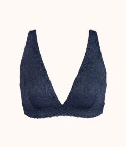 The Crochet Lace Plunge Bralette: Navy -Outlet No Wire Bras Store 4 product flat front crochet lace plunge bralette navy