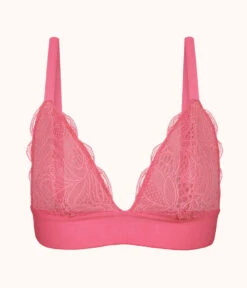 The Long-Lined Lace Bralette: Pink Hibiscus -Outlet No Wire Bras Store 4 product flat front long lined lace bralette pink hibiscus