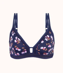The Mesh Trim Bralette: Navy Daisy -Outlet No Wire Bras Store 4 product flat front mesh trim bralette navy daisy