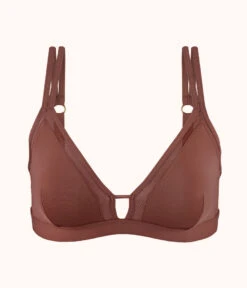 The Mesh Trim Padded Bralette: Umber 8 The Mesh Trim Padded Bralette: Umber -Outlet No Wire Bras Store 4 product flat front mesh trim padded bralette umber