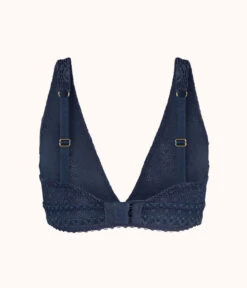 The Crochet Lace Plunge Bralette: Navy -Outlet No Wire Bras Store 5 product flat back crochet lace plunge bralette navy