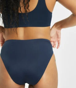 The Plunge Bralette & High Waist Swim Bundle: Navy -Outlet No Wire Bras Store 6 on model back swim high waist bikini bottom navy