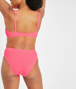 The Ruched Plunge Bralette & High Waist Swim Bundle: Electric Pink -Outlet No Wire Bras Store 6 on model back swim ruched bikini bottom electric pink