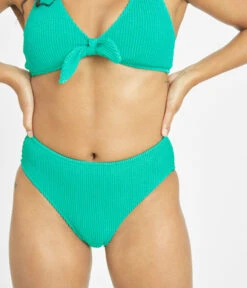 The Ruched Plunge Bralette & High Waist Swim Bundle: Aquamarine -Outlet No Wire Bras Store 6 on model front swim ruched high waist bikini bottom aquamarine