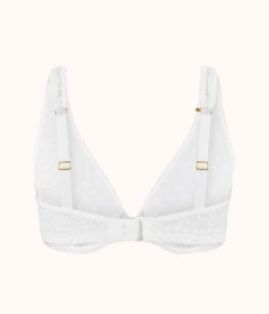 The Crochet Lace Unlined Plunge Bra: Fresh White -Outlet No Wire Bras Store 7 product flat back crochet lace unlined plunge bra fresh white