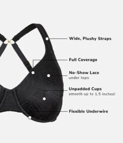 The Smooth Lace Minimizer Bra: Jet Black -Outlet No Wire Bras Store 9 product functions front smooth lace minimizer jet black