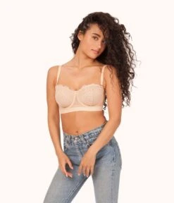 The Lace Strapless: Toasted Almond -Outlet No Wire Bras Store on model front lace strapless toasted almond 9c7de312 111d 4f8d a139 ffea948a2673